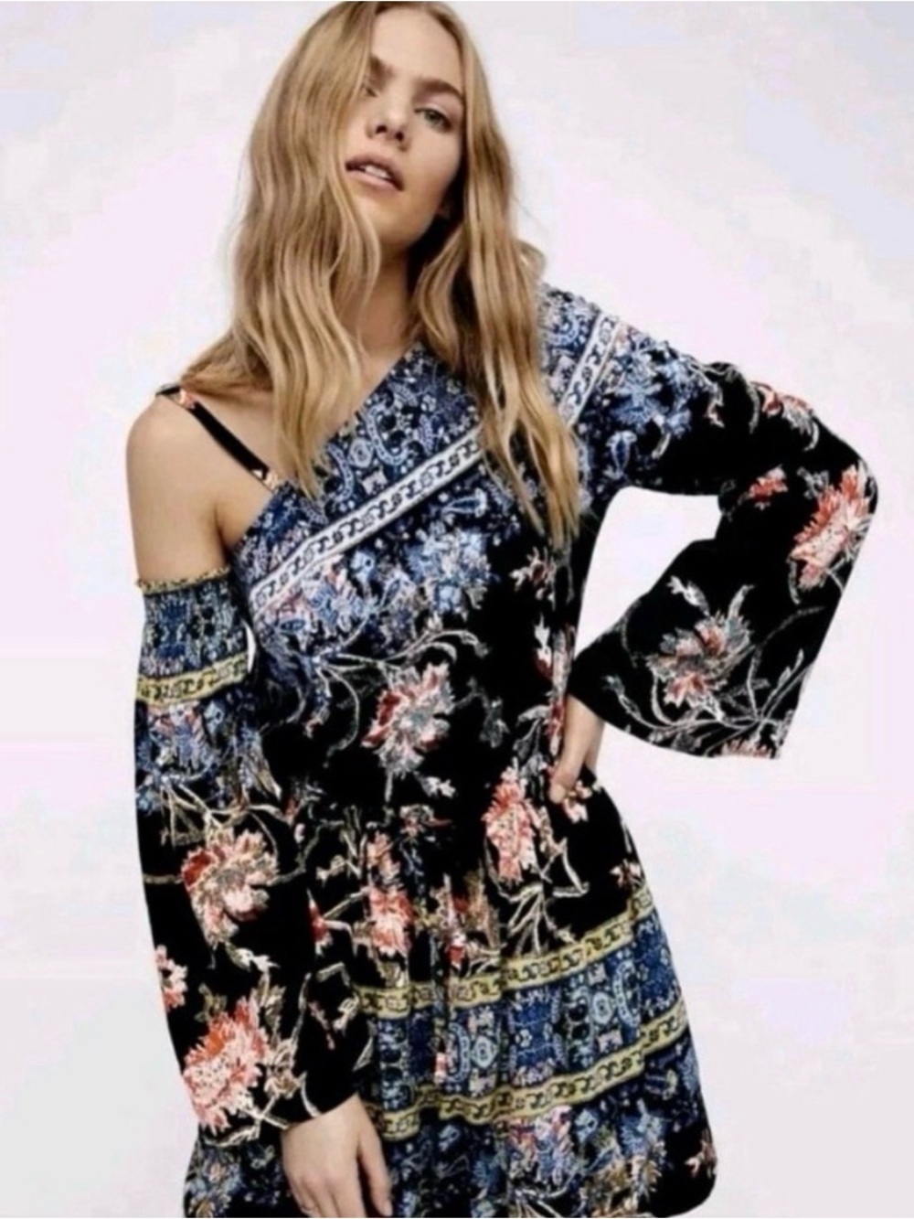 Free People Modern Nomad Mini Black Floral One Shoulder Dress Size Small